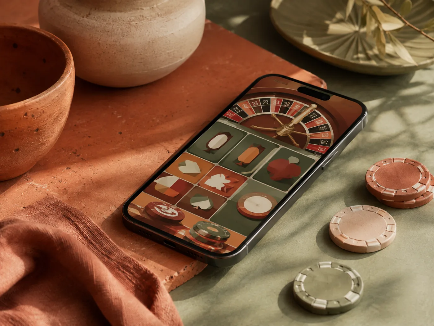 Ponsel menampilkan visual permainan kasino generik pada meja berwarna terracotta